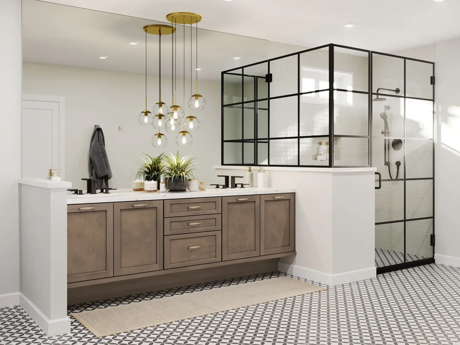 Modern bathroom with black-framed glass shower, white walls, wood vanity, and patterned tile floor