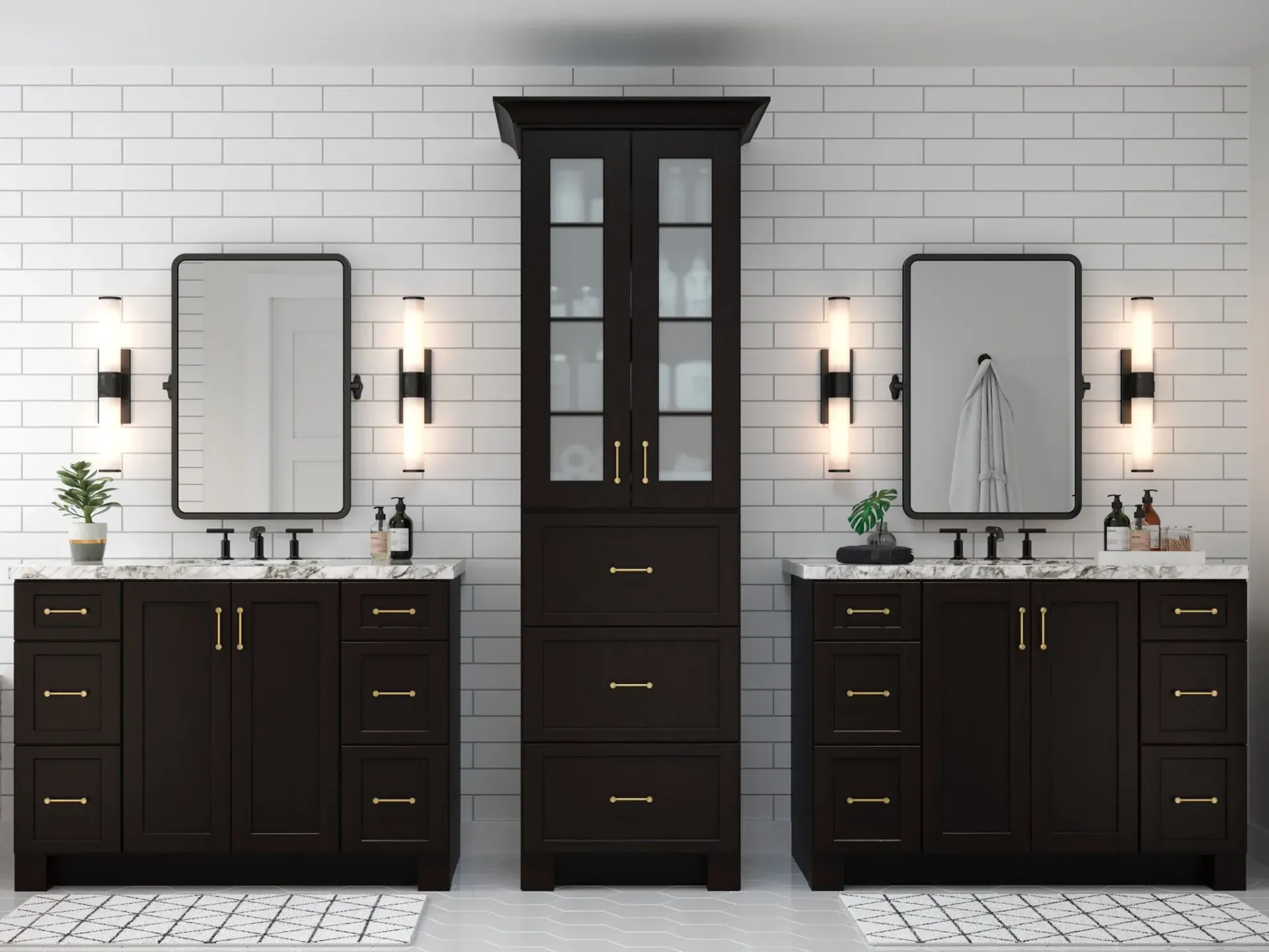 Elegant double bathroom vanity with dark cabinets, large mirrors, wall sconces, and a tall center cabinet.