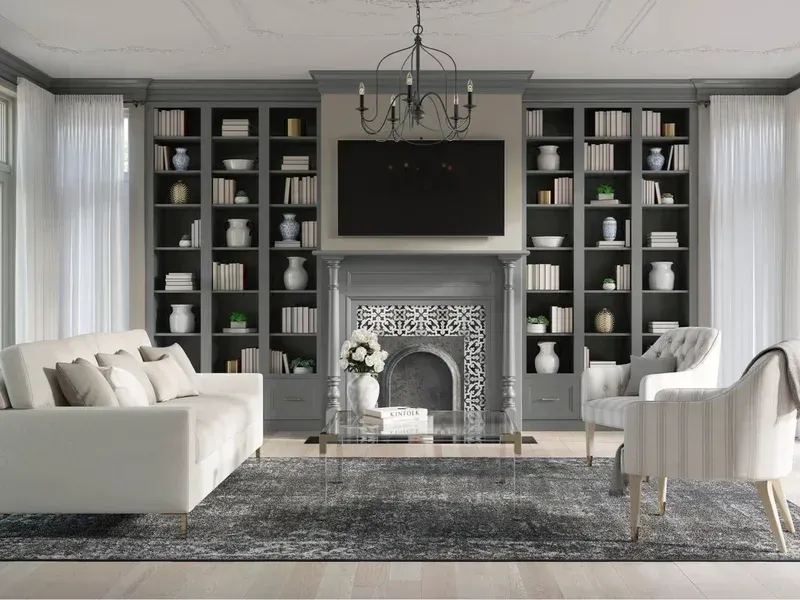 Elegant living room with white sofas, black built-ins, fireplace, TV, and chandelier