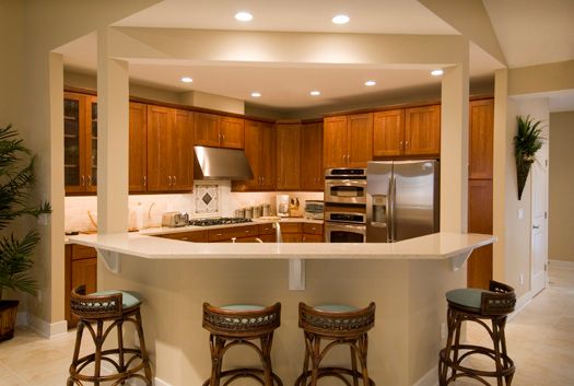 Warm kitchen with wood cabinets, stainless appliances, and a curved breakfast bar with stools.