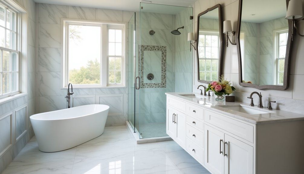 Bright modern bathroom with a freestanding tub, glass shower, and white double vanity near a sunlit window