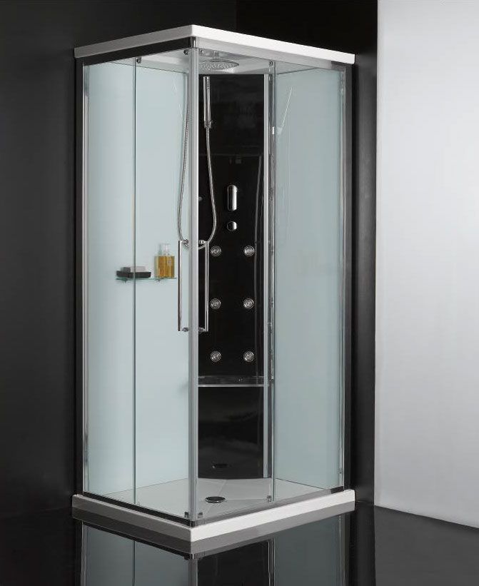 Box doccia in vetro con struttura metallica e porta aperta su pavimento bianco del bagno.