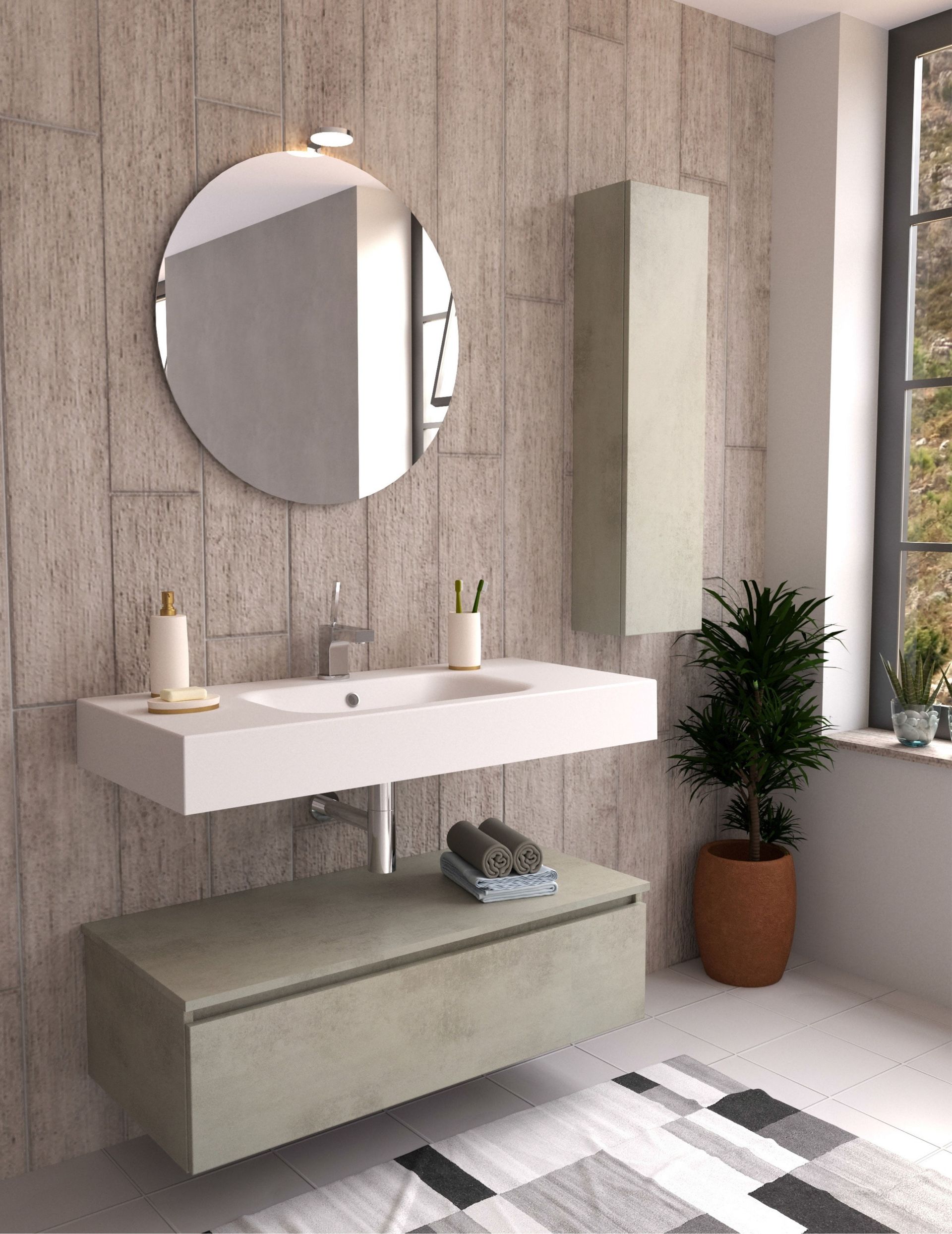 Mobile bagno moderno con specchio rotondo, lavabo bianco, parete in legno e panca sotto la finestra.