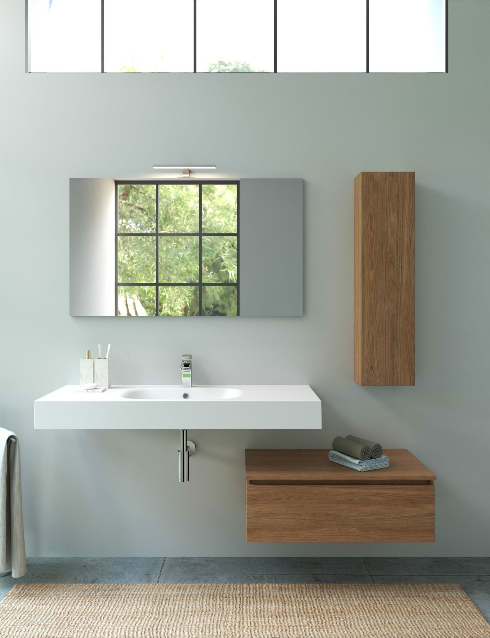 Bagno moderno e minimalista con lavabo sospeso, specchio, mobiletto in legno e riflesso della finestra.