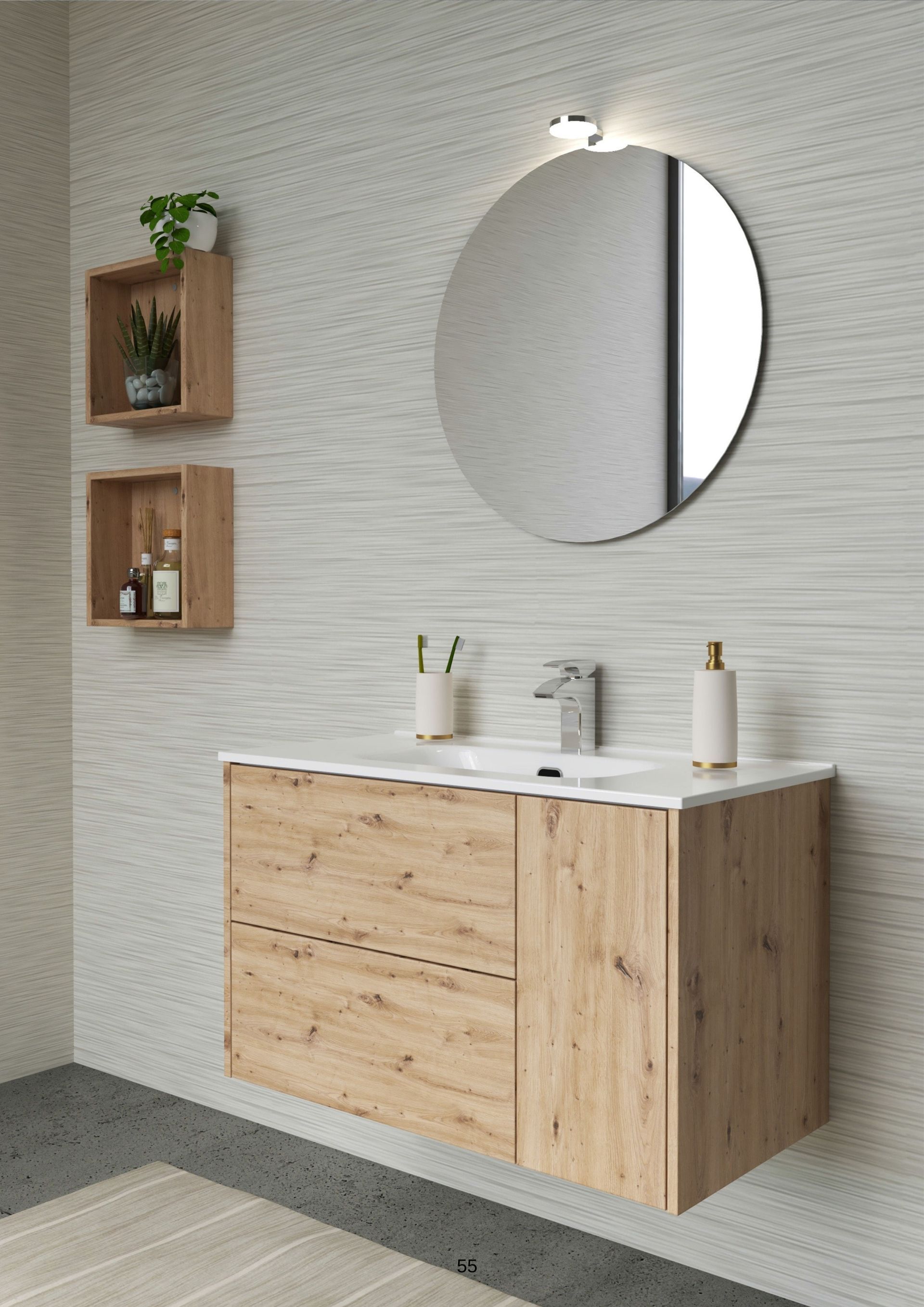 Mobile bagno moderno con specchio rotondo, applique e mensole in legno su una parete dalla texture chiara.