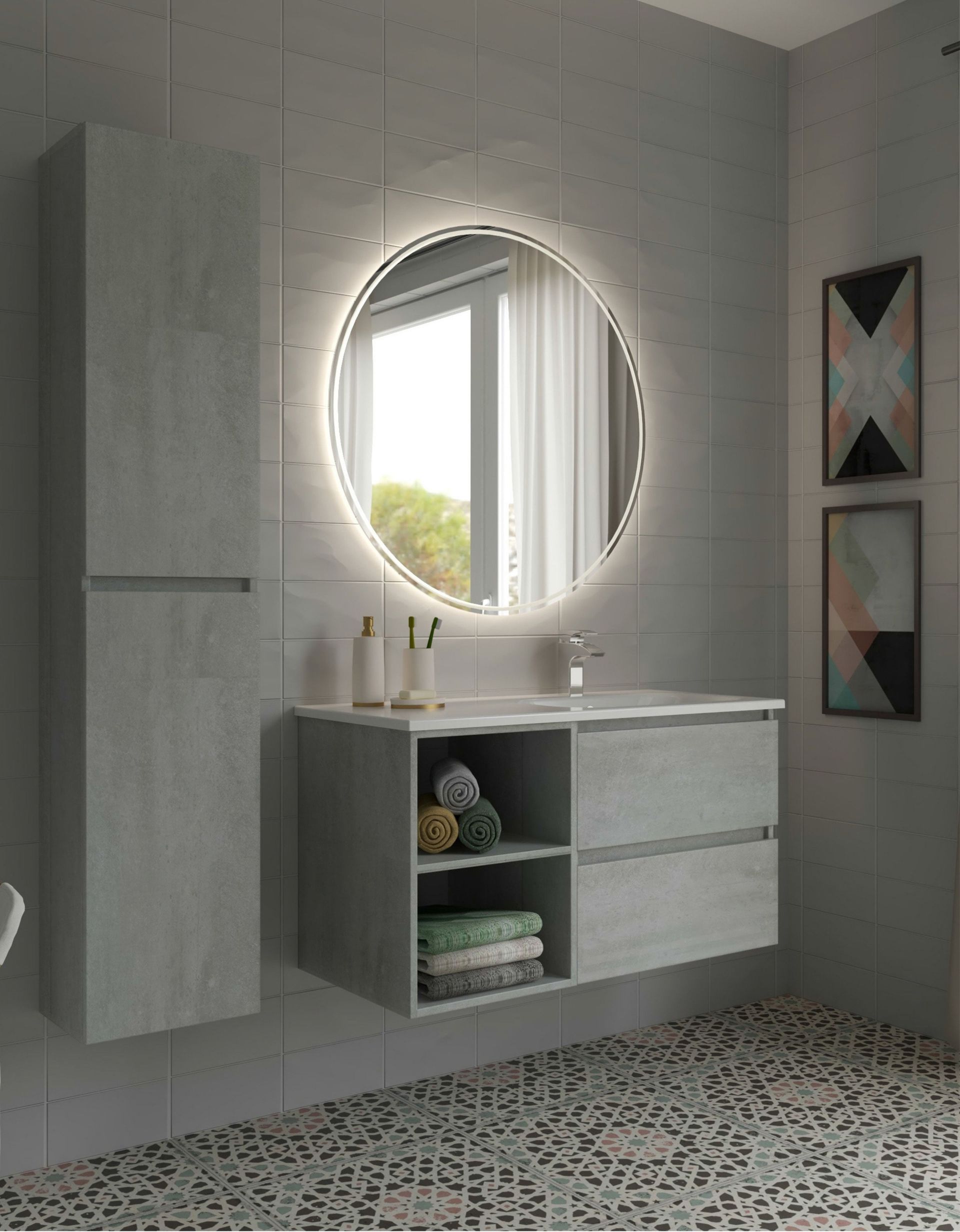Bagno moderno con specchio rotondo illuminato, mobiletto a muro e piastrelle a pavimento con motivo in bianco e nero.
