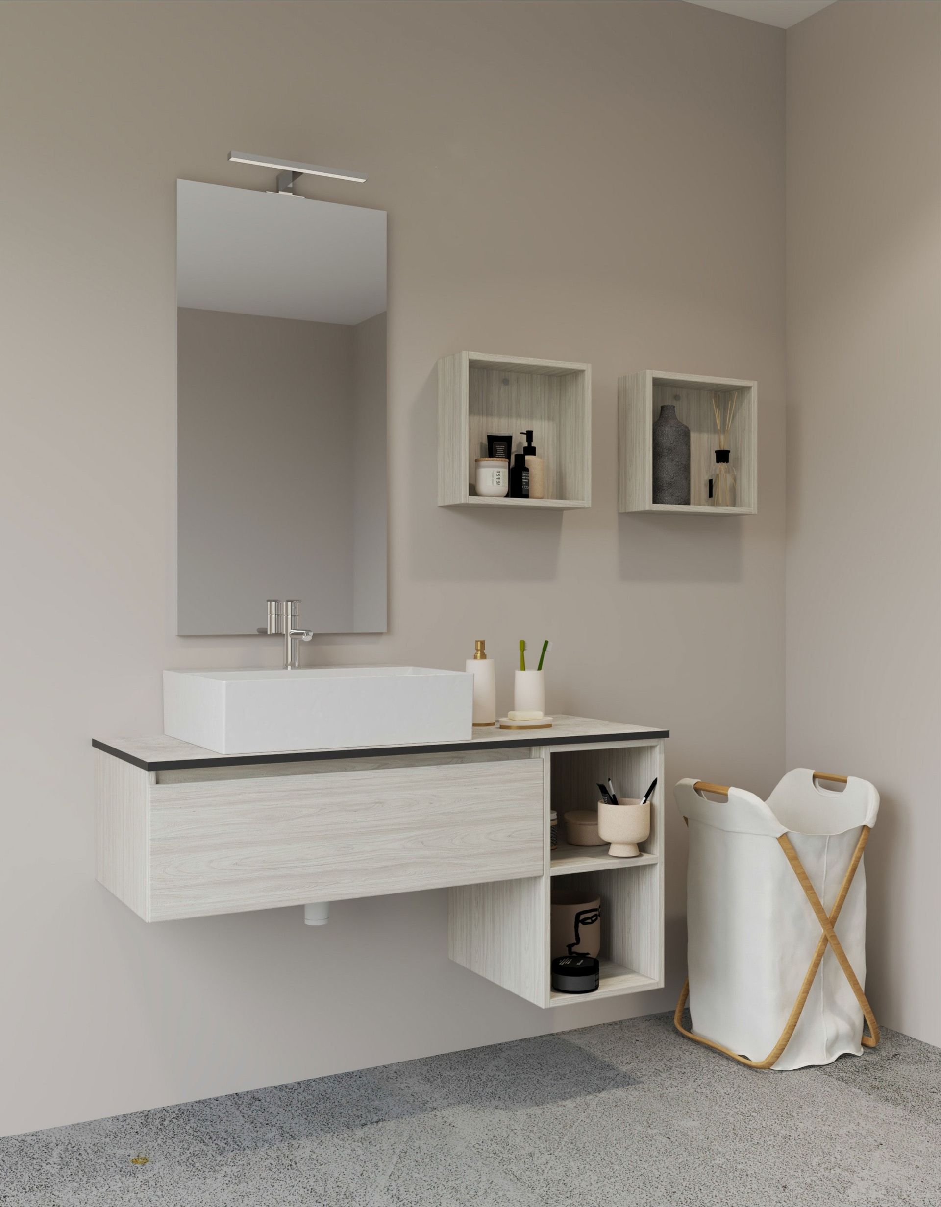 Bagno moderno con lavabo a parete, specchio, mensole e cesto per la biancheria su pavimento screziato.