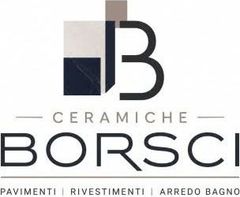 Logo Ceramiche Borsci con B stilizzata e testo per piastrelle, arredi bagno e pavimenti.