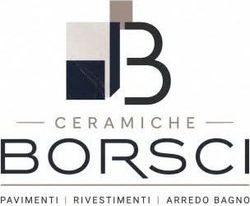 Logo Ceramiche Borsci con B stilizzata e testo per piastrelle, arredi bagno e pavimenti.