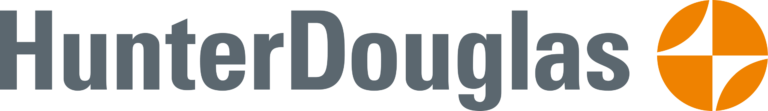 Hunter Douglas logo, featuring grey text next to a circular orange icon divided into four sections by white lines.