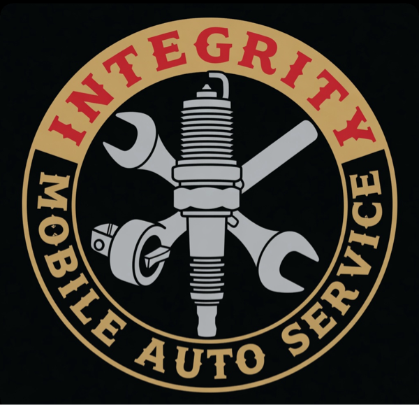 Integrity Mobile Auto Service logo with crossed wrenches, spark plug, and tire on black background