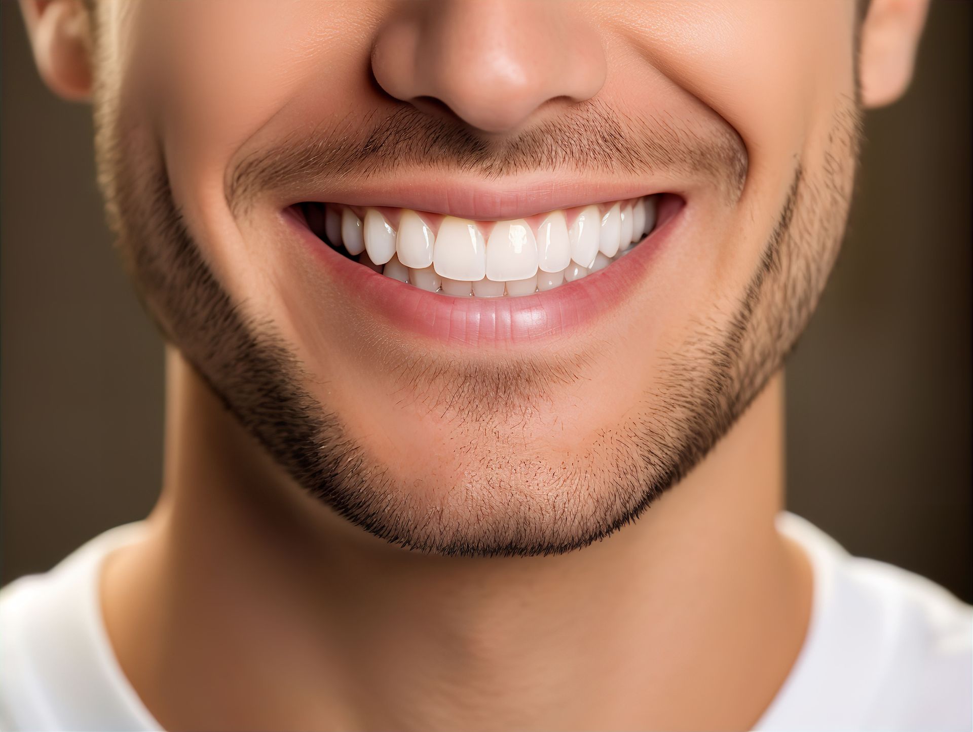 Close-up de um homem sorridente com barba e dentes brancos e brilhantes.