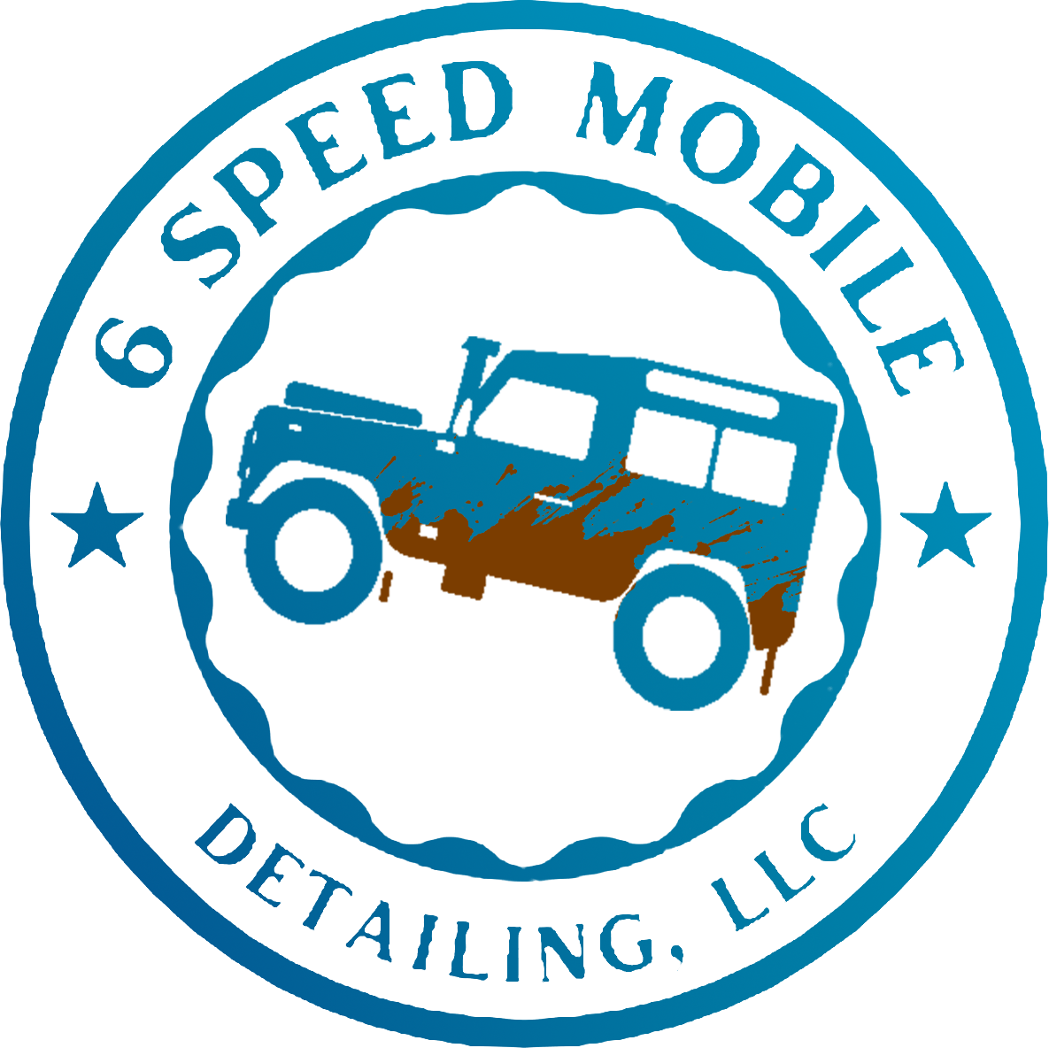 Logo for 6 Speed Mobile Detailing, LLC. Blue circle with a muddy off-road vehicle in center. Text "6 SPEED MOBILE DETAILING. LLC".