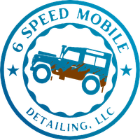 Logo for 6 Speed Mobile Detailing, LLC. Blue circle with a muddy off-road vehicle in center. Text "6 SPEED MOBILE DETAILING. LLC".
