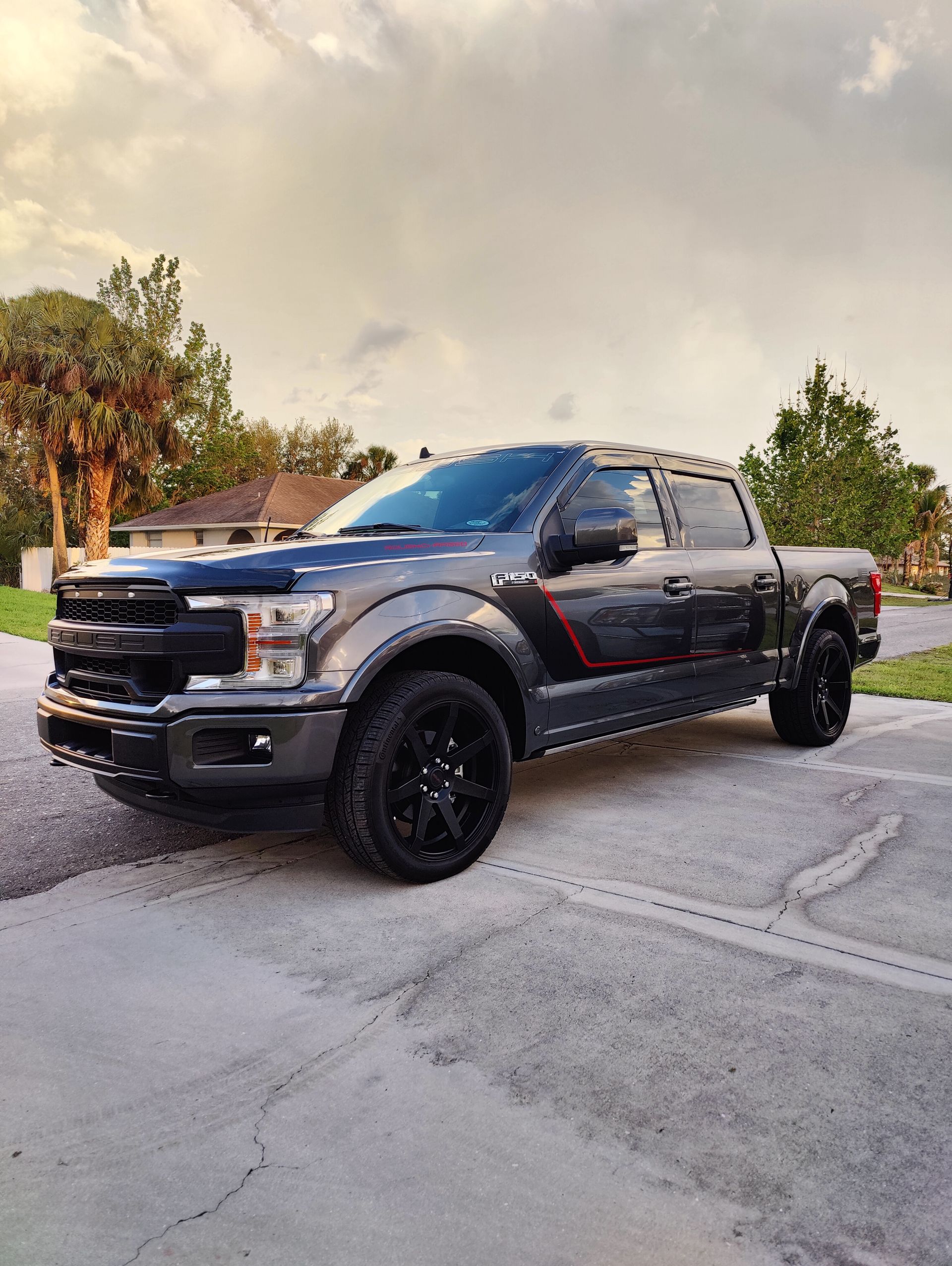 Gray Ford F-150 truck with black wheels parked on a paved driveway with a cloudy sky in the background.