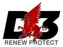 Black "D3" logo with red gryphon; text: RENEW PROTECT.