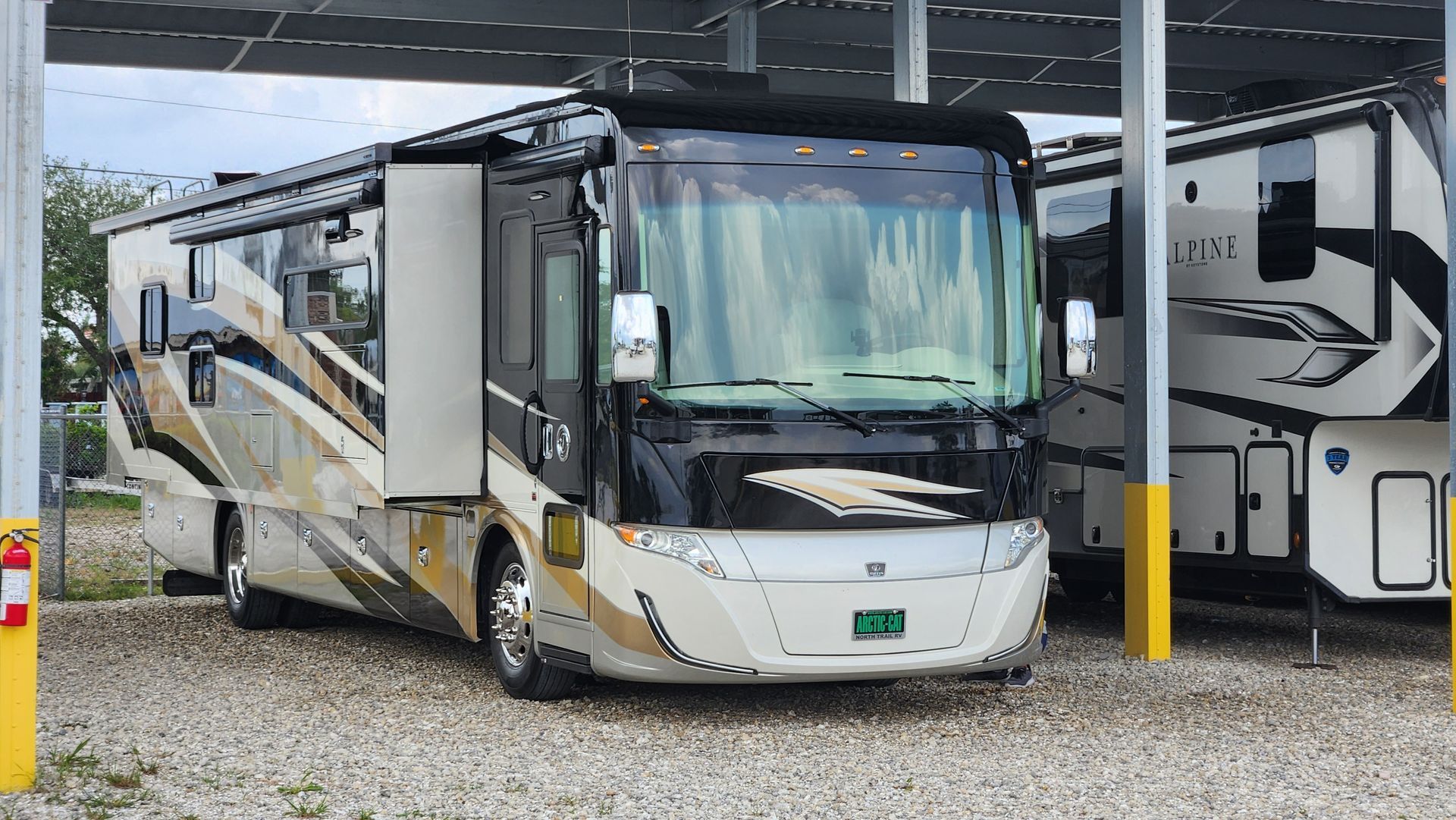 Tiffin Allegro RED A motorcoach RV, paint correction and ceramic coating by 6 Speed Mobile Detailing in Southwest Florida
