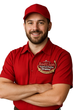A man wearing a red shirt that says red lion on it