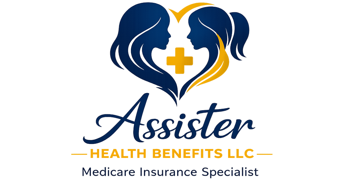 Asciten Health Benefits LLC logo with blue hearts, gold cross, and Medicare insurance specialist text