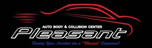 Pleasant Auto Body & Collision Center logo with red car silhouette on a black background