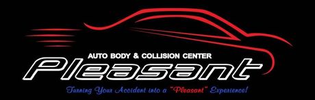 Pleasant Auto Body & Collision Center logo with red car silhouette on a black background