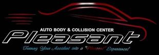 Pleasant Auto Body & Collision Center logo with red car silhouette on a black background