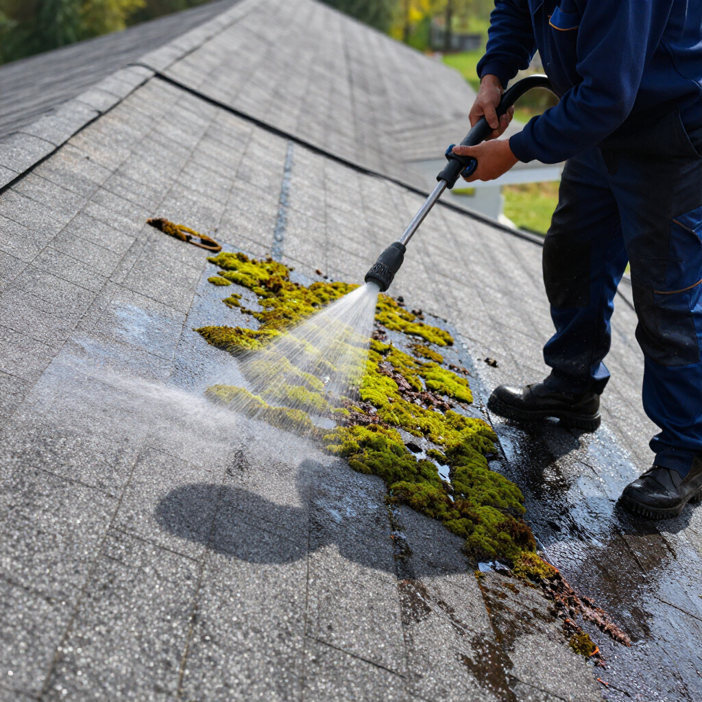 Worker pressure-washing a moss-covered shingled roof with a long wand