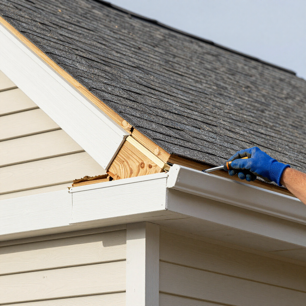 Worker repairing roof shingles at a house eave with blue-gloved hands and exposed wood underlayment