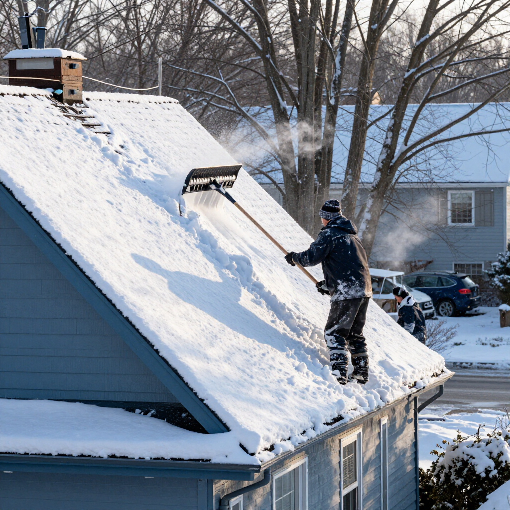Person shoveling snow off a steep blue house roof on a winter day