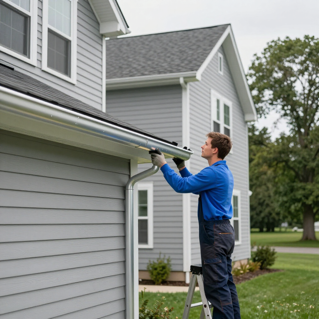 Person cleaning a gray house gutter with a long-handled tool outdoors