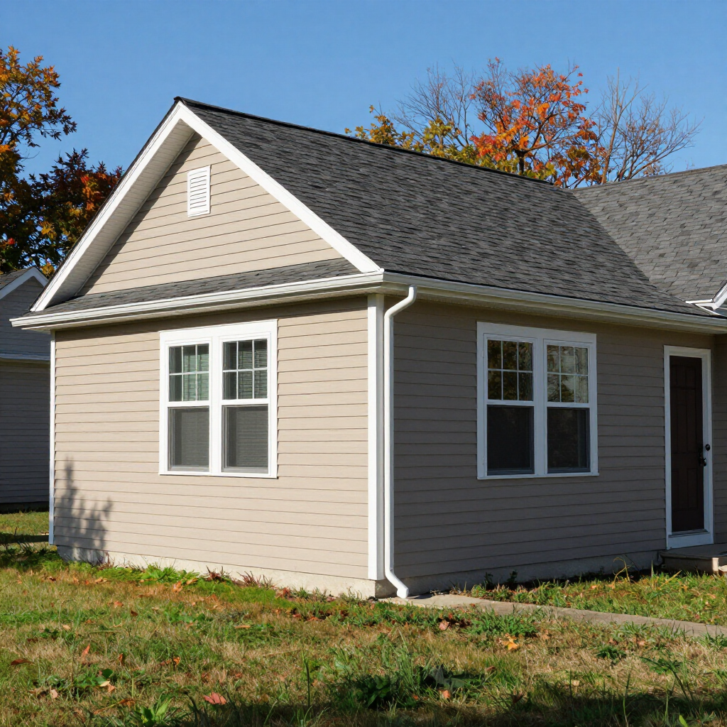 Small beige house with white trim, dark gray roof, and autumn trees in the background.