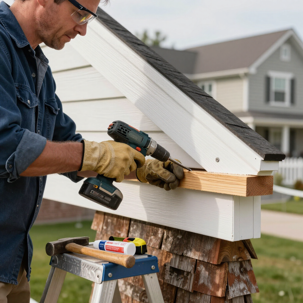 Worker using a power drill to install white trim on a house exterior during repairs