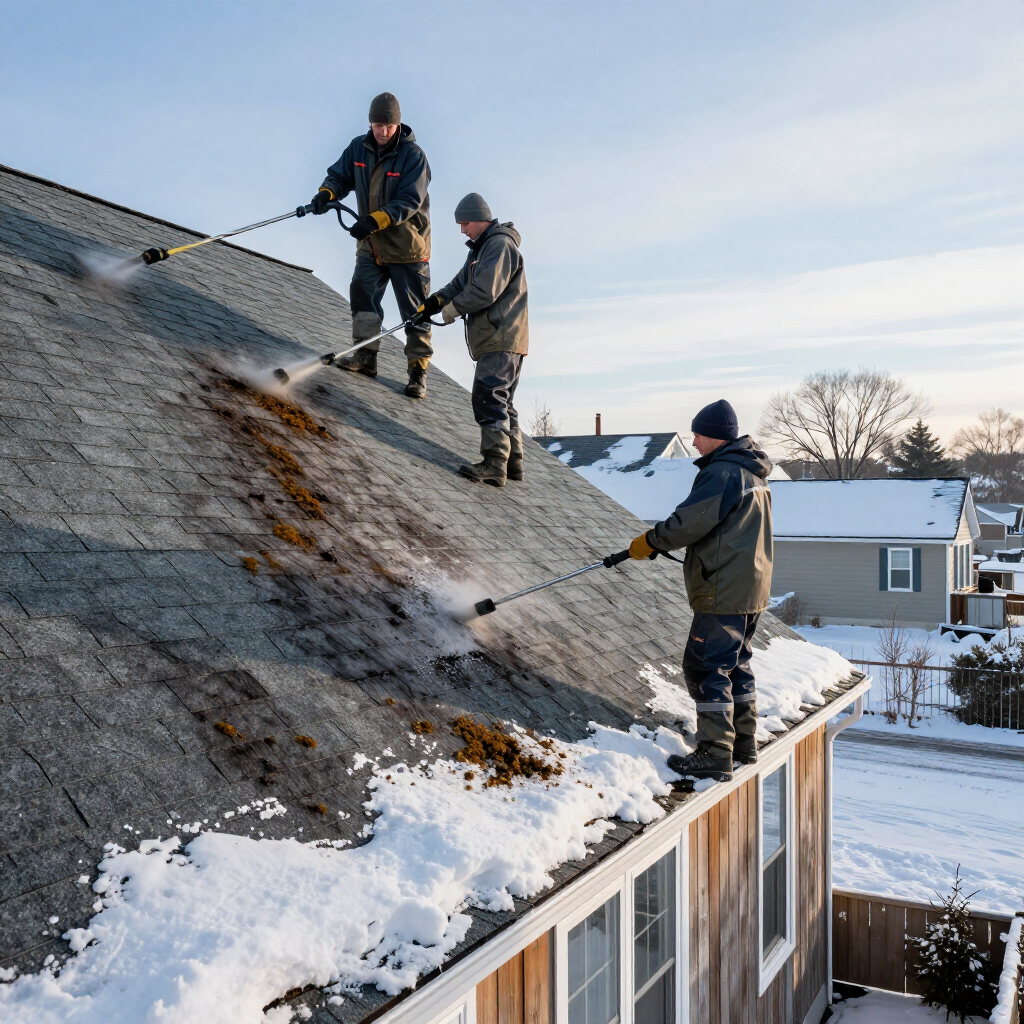 Three workers clear snow from a steep roof on a house in winter.