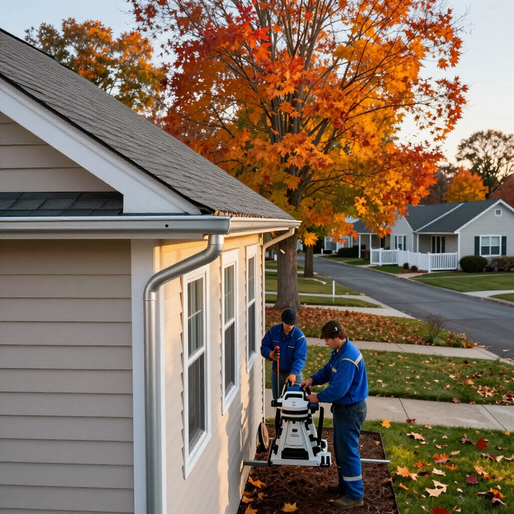 Two workers use a lawn machine beside a house under orange autumn trees.