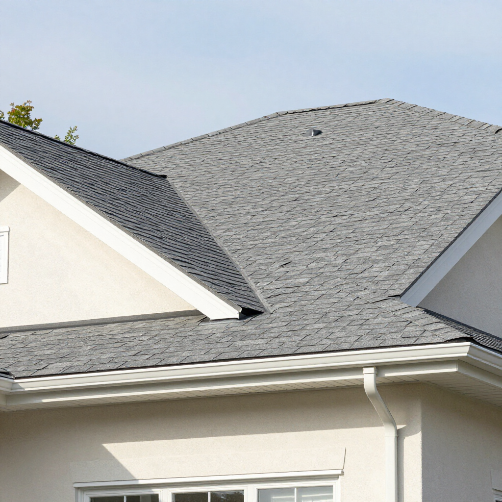 Gray shingled roof on a beige house under a clear blue sky