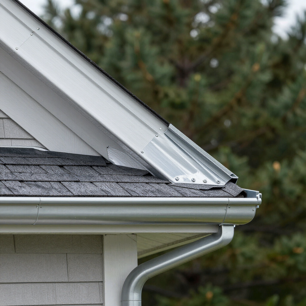 Close-up of a roof edge with silver flashing above gray shingles and a white gutter on a house.