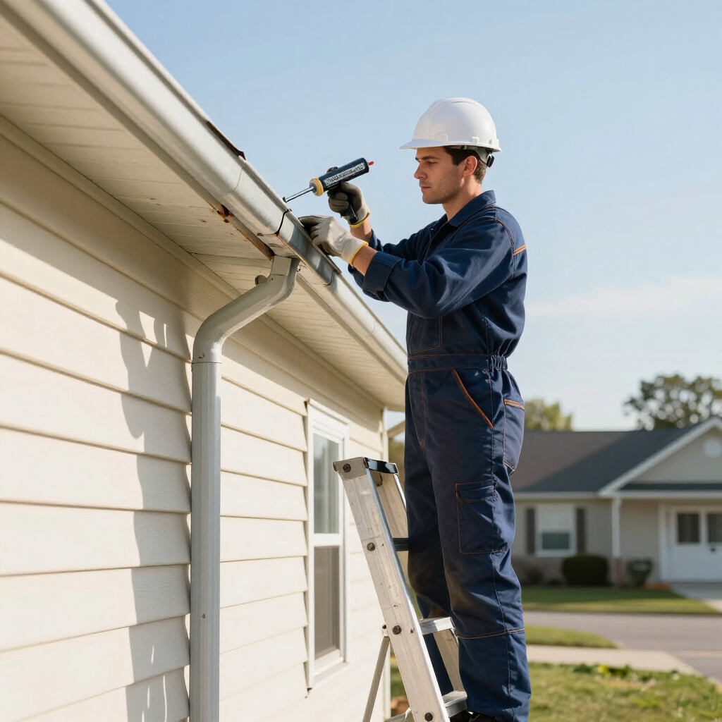 Worker on a ladder using a power drill to install gutters on a house exterior