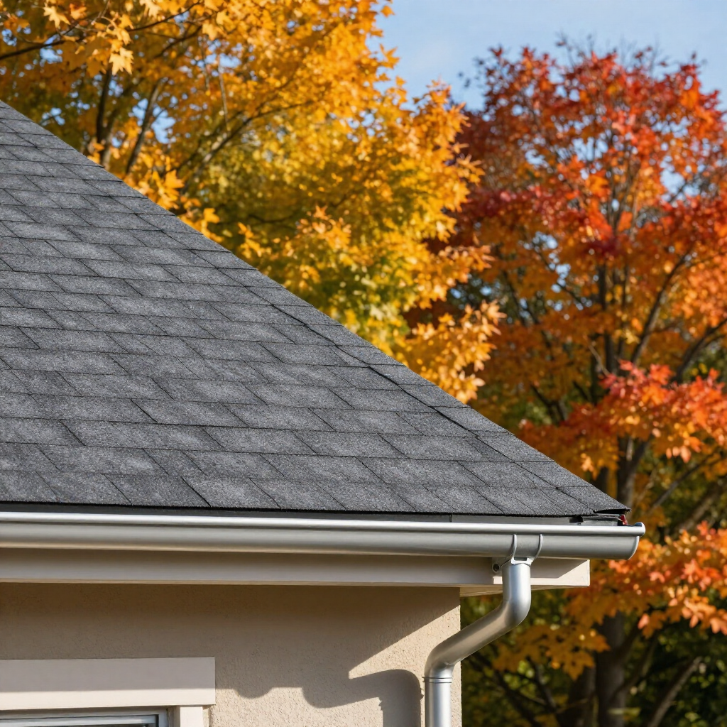 House roof and gutter beneath autumn trees with red, orange, and yellow leaves