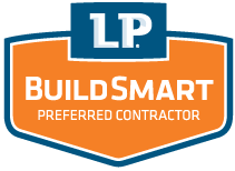 LP BuildSmart Preferred Contractor logo: orange shield with blue border and blue rectangle with