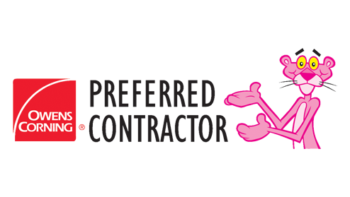 Owens Corning Preferred Contractor logo with Pink Panther gesturing.