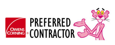 Owens Corning Preferred Contractor logo with the Pink Panther gesturing.