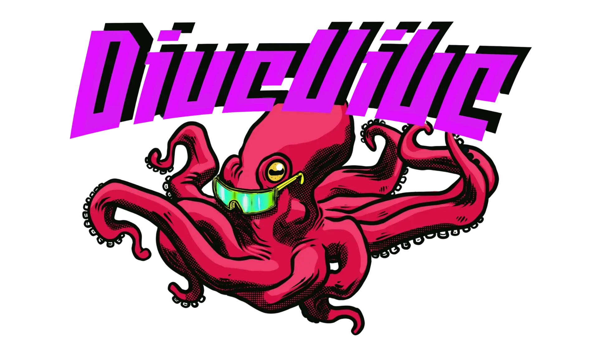 Pink octopus logo with stylized purple text on a white background Pink octopus logo with stylized purple text on a white background