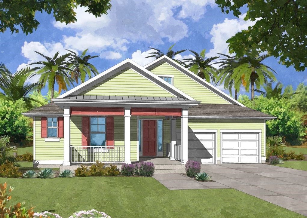 An artist 's impression of a house with palm trees in the background