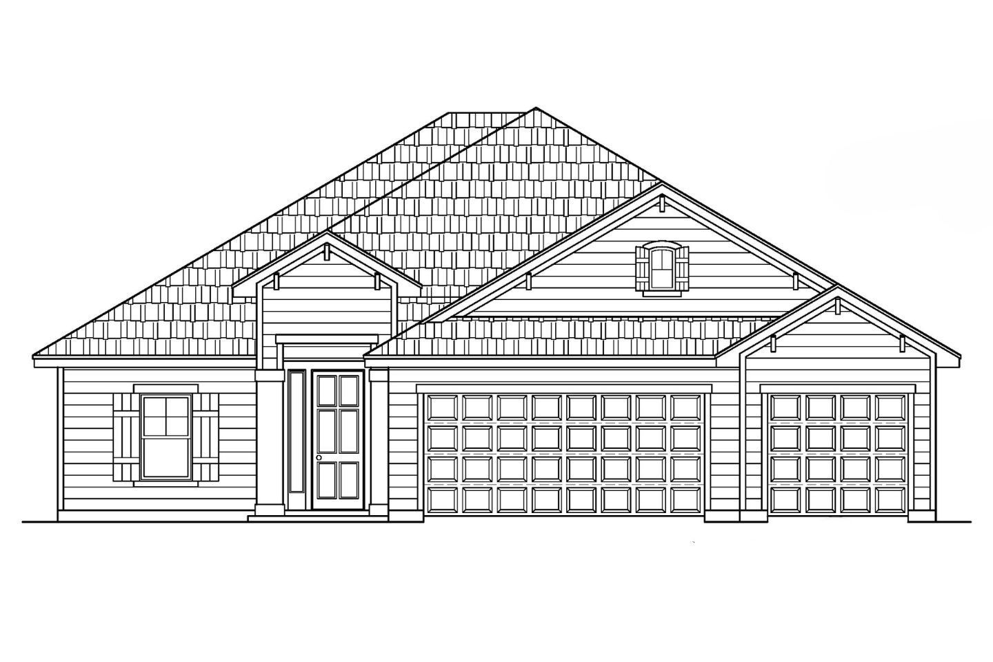 A rendering of a house with a brown roof and two garages.