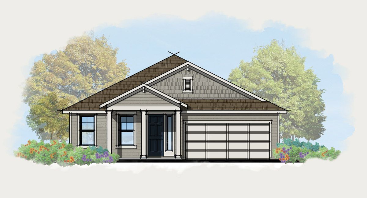 A drawing of a house with a garage and trees in the background.