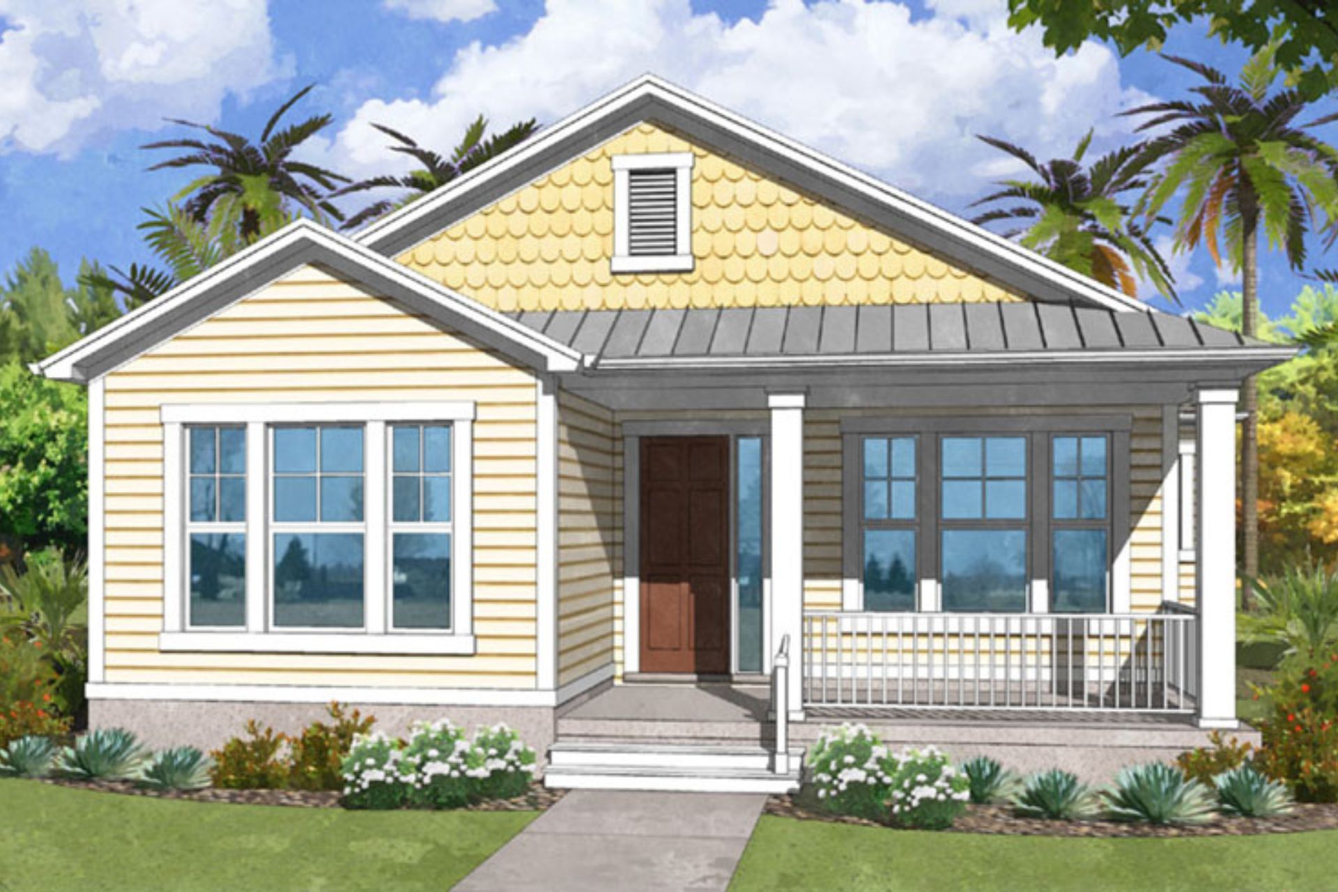 An artist 's impression of a small house with a porch