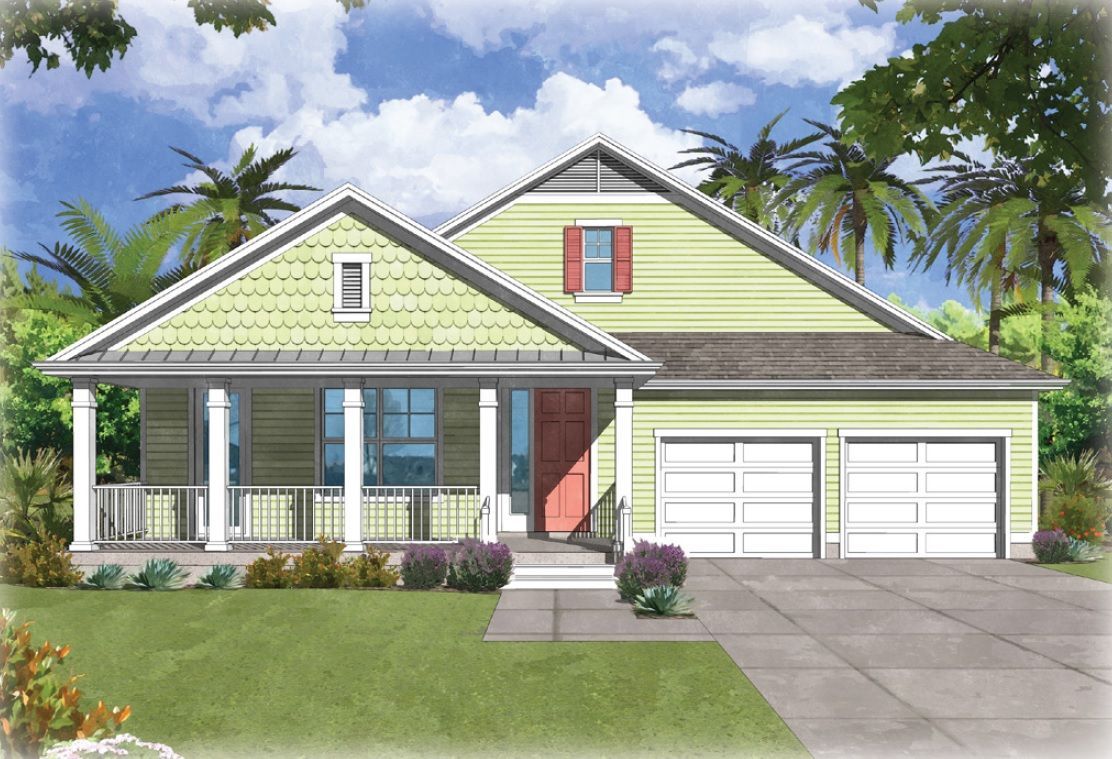 An artist 's impression of a house with green siding and red shutters