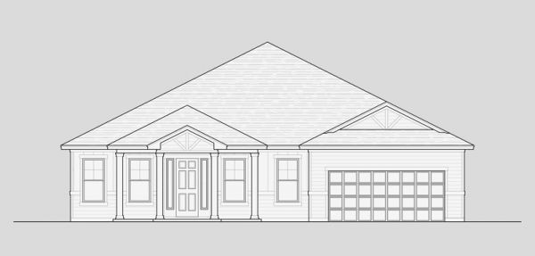 A black and white drawing of a house with a garage.