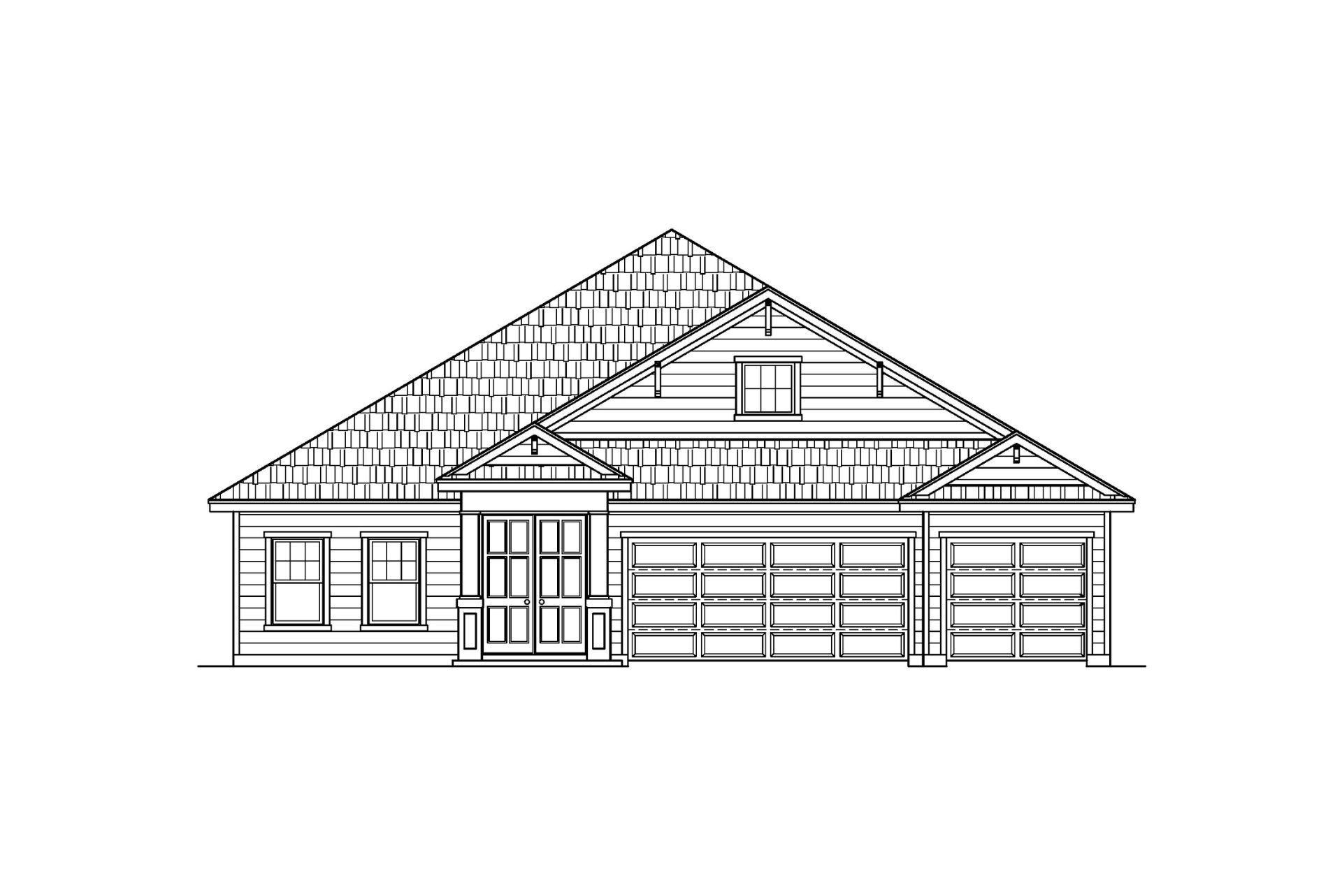 A black and white drawing of a house with a shingle roof.