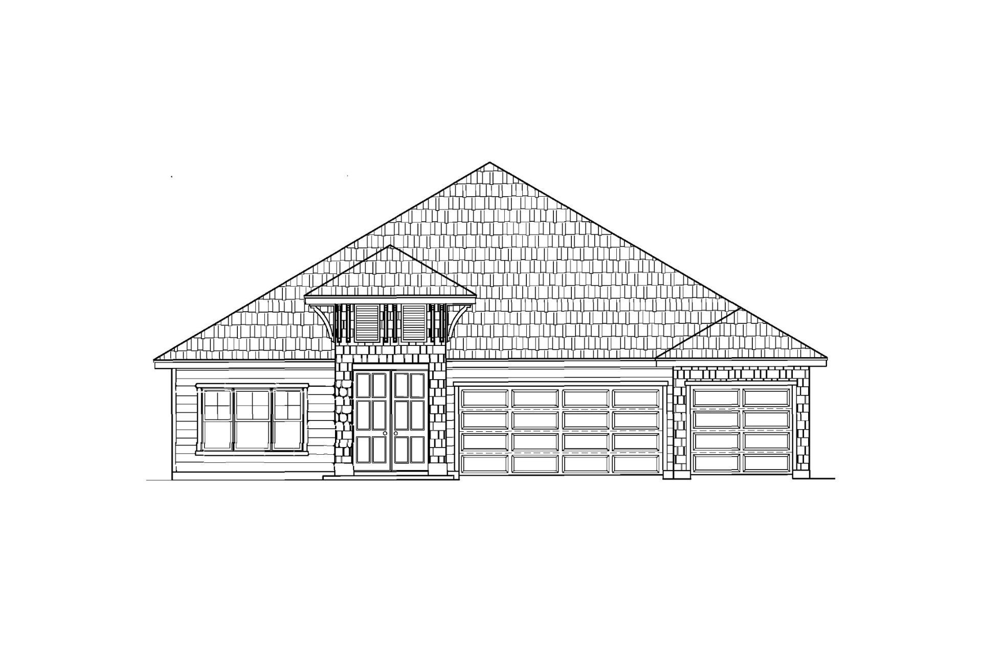 A black and white drawing of a house with a shingle roof.